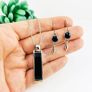 Retired Lia Sophia Silver Tone Pendant Necklace and Earrings -Black and White